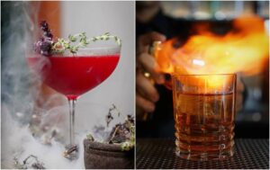 two close-up photos of cocktails, side by side