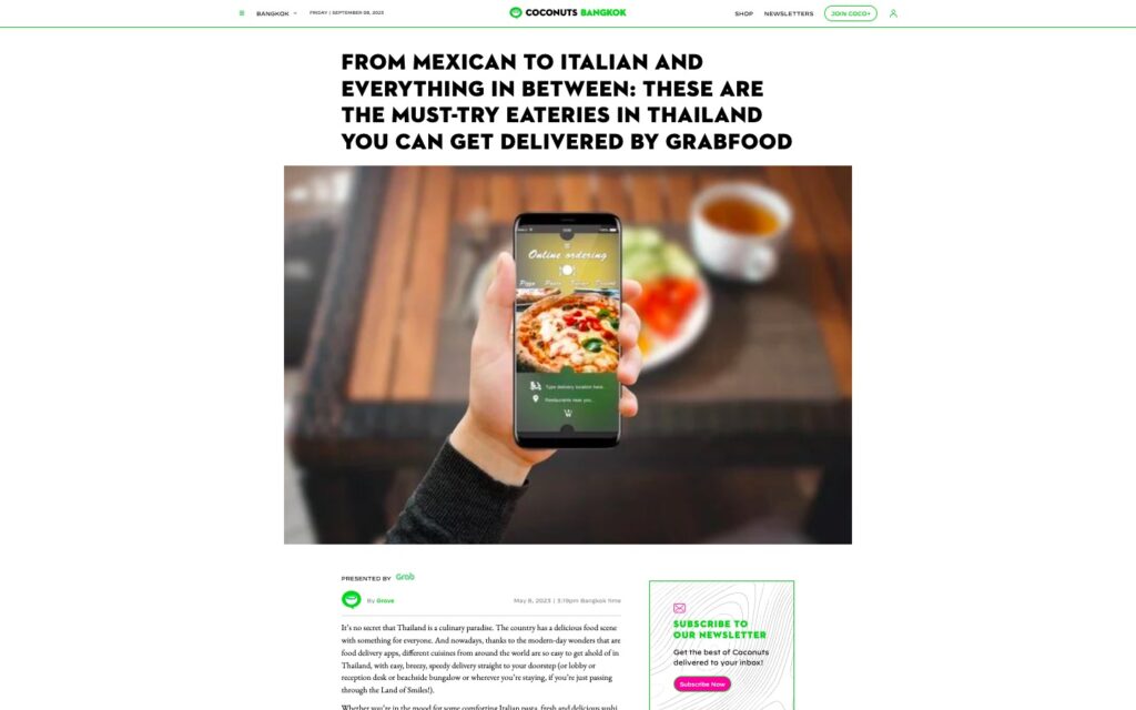 GrabFood advertorial on Coconuts Bangkok