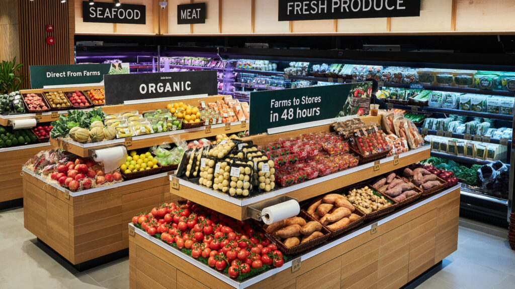 rows of fresh produce in a grocery store