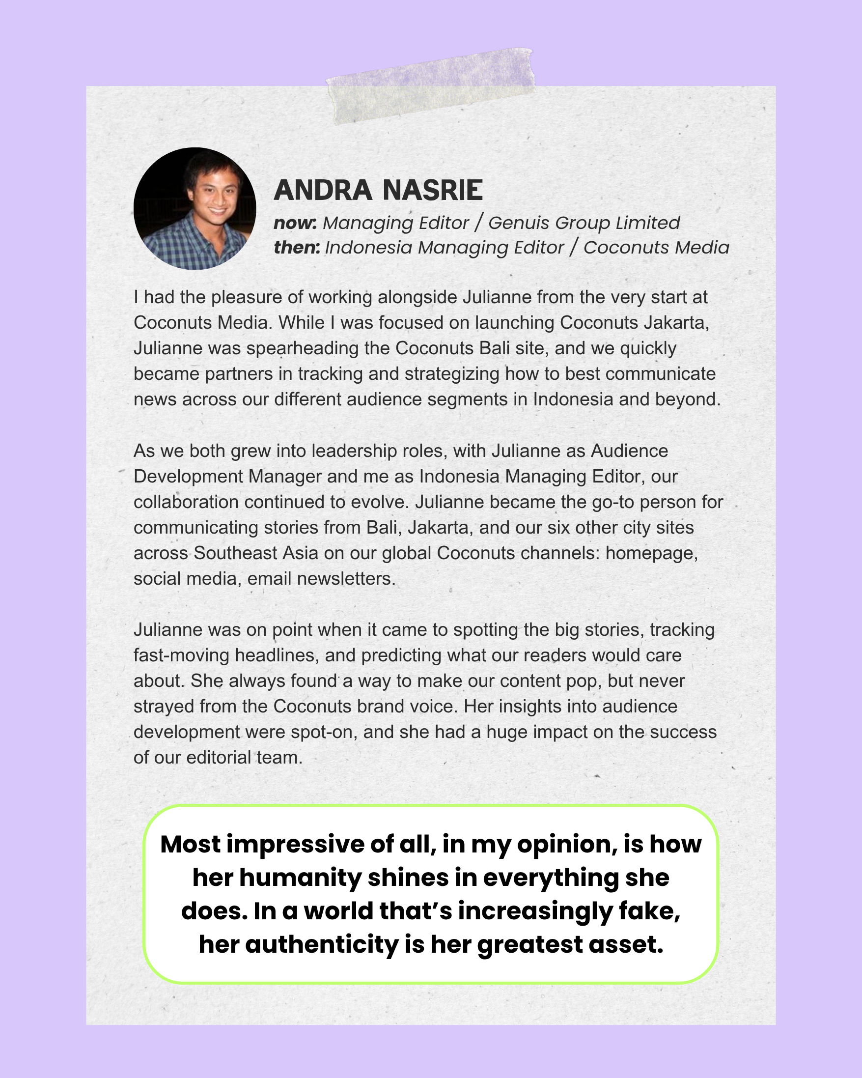 Andra Nasrie testimonial for Julianne Greco