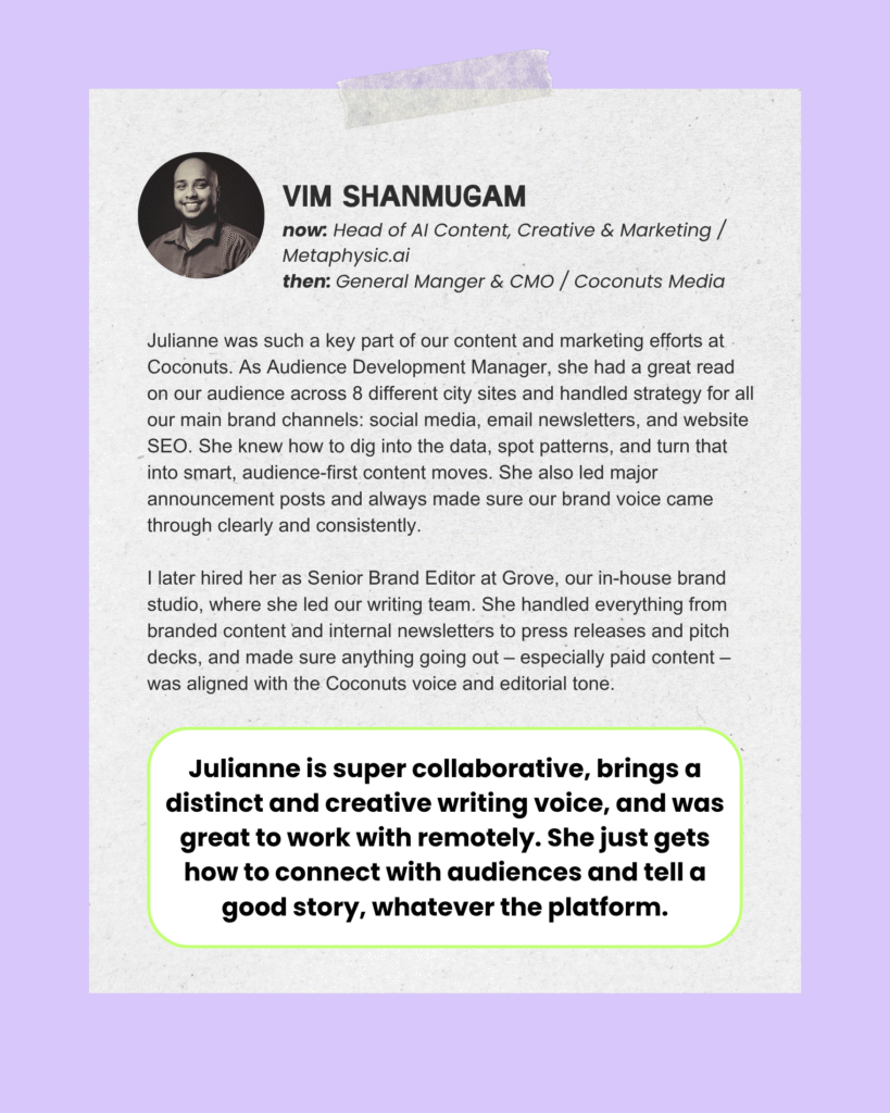 Vim Shanmugam testimonial for Julianne Greco