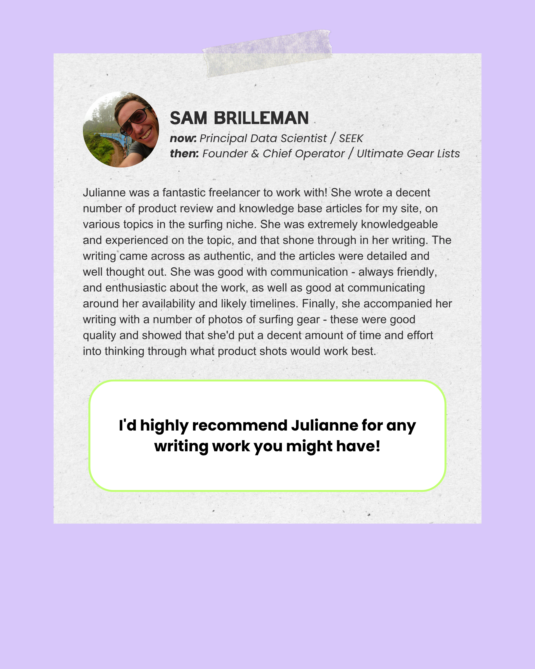 Sam Brilleman testimonial for Julianne Greco