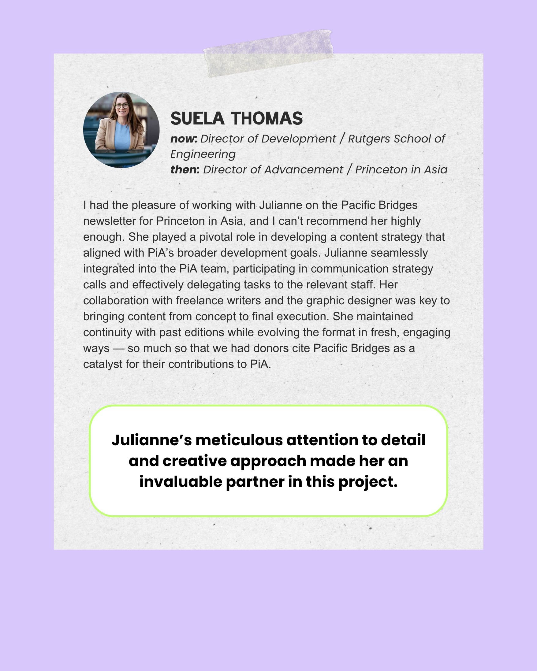 Suela Thomas testimonial for Julianne Greco